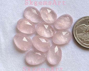 Fetta di quarzo rosa naturale 9x12x4mm con taglio a rosa - Pietra preziosa di quarzo rosa di alta qualità con taglio a rosa e retro piatto, lotto di 10 pezzi per la creazione di gioielli, ciondoli,