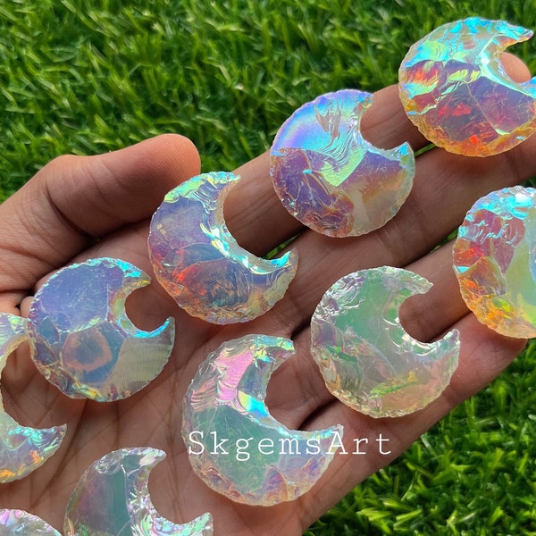 New Real Angel Aura Titanium Coated Moon, Aura Opalite Rainbow Coated Quartz Moon Metaphysical Titanium Coated Aura Crystal for Jewelry