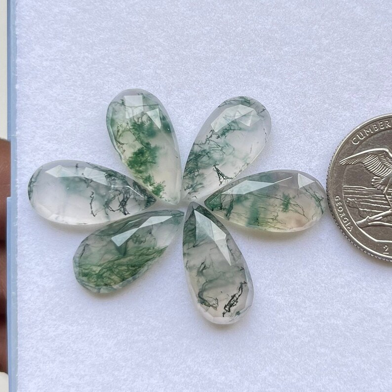 Puede incluir: Seis piedras preciosas de &aacute;gata verde musgo en forma de l&aacute;grima, cada una con un patr&oacute;n &uacute;nico de verde y blanco, dispuestas en c&iacute;rculo sobre una superficie blanca. Se incluye una moneda de 20 c&eacute;ntimos de euro para la escala.
