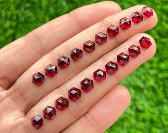 Pode incluir: Uma coleção de 18 pedras preciosas vermelhas facetadas, provavelmente granadas, dispostas em duas filas em uma mão. As pedras preciosas são todas cortadas em uma forma semelhante, com uma base hexagonal e um topo pontiagudo.