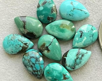 May include: Ten teardrop-shaped turquoise cabochons in various shades of blue and green. The stones have a natural, organic look with brown and black matrix.