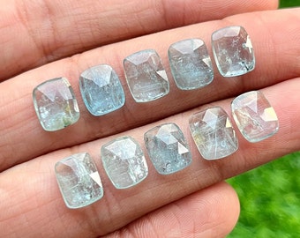 Nuevas piedras preciosas de cianita aguamarina talla rosa con forma de cojín de 8 x 10 mm - Lote de 10 piezas de gemas planas talladas en rosa de alta calidad para la fabricación de joyas.