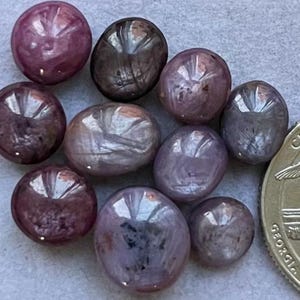 Könnte beinhalten: Eine Sammlung polierter, oval geformter Edelsteine in Lila- und Grautönen. Die Steine haben eine glatte, reflektierende Oberfläche mit inneren Mustern. Eine Münze dient zum Größenvergleich. Die Edelsteine variieren in der Größe.
