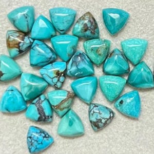 May include: A selection of triangular turquoise gemstones. The stones are in shades of blue-green, some with brown and black matrix patterns. The polished surfaces reflect light, highlighting their natural beauty. Suitable for jewellery making.