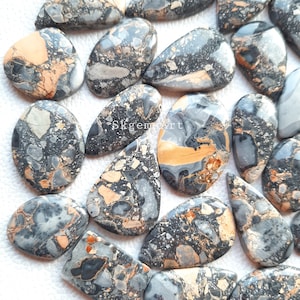 May include: A collection of 20+ natural stone cabochons in a variety of shapes and sizes. The stones are a mix of black, gray, and brown with a speckled pattern. The cabochons are perfect for jewelry making, crafting, and other creative projects.