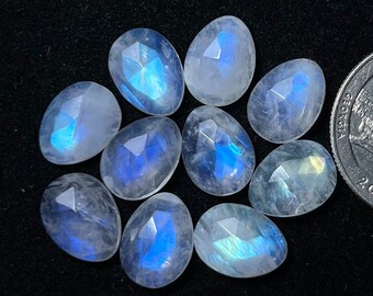 Selected 10pcs 9x12mm Natural Rainbow Moonstone Rose Cut Slice - Top Quality Rose Cut Flat Back Gemstone 10 Pieces Lot For Jewelry Making