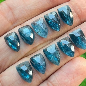 May include: Ten faceted blue apatite gemstones in a teardrop shape. The gemstones are arranged in two rows on a hand.