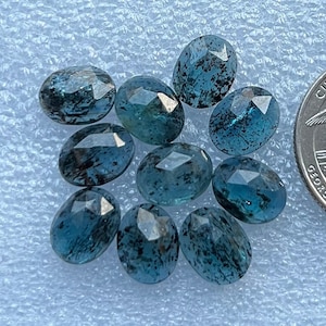 May include: Ten faceted oval blue gemstones with black inclusions. The gemstones are approximately the size of a US quarter.