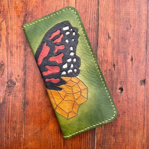 Cartera larga con diseño de mariposa para mujer: cartera elegante de piel de diseño exquisito para mujer, hecha a mano con piel auténtica, regalo de San Valentín