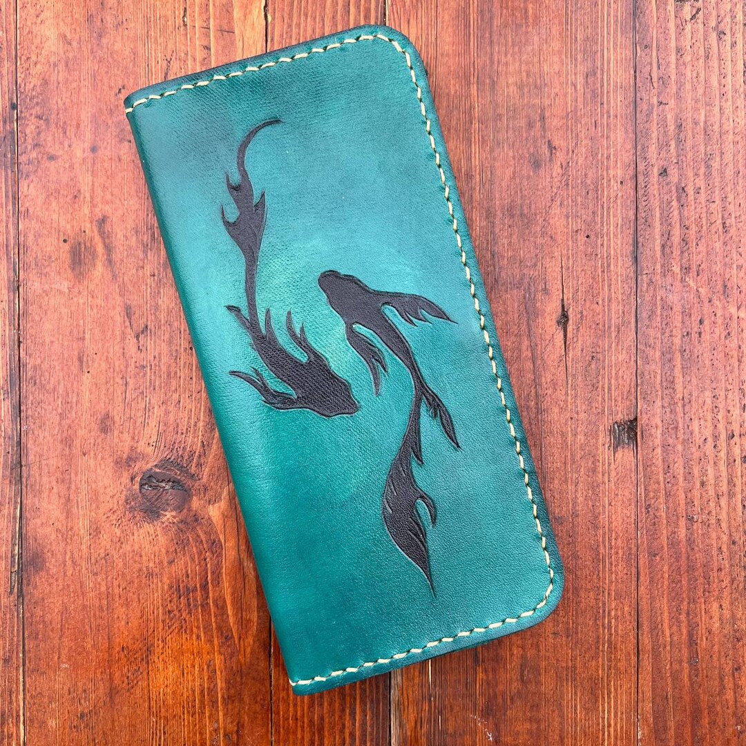 Handmade Leather Wallet – Blue Fish Pattern, Long Clutch - Etsy