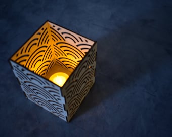 Japanese Wave Pattern Seigaiha "Flow" Wooden Tea Candle Light Holder Lantern geometric art deco kawaii zen anniversary birthday 30th 50th