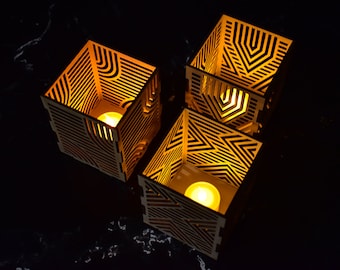 Art Deco Trio Set Geometric Wooden Tea Candle Light Holder Lantern Box modern rustic gatsby 1920s wedding anniversary birthday 25th 50th