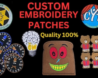 May include: Assortment of custom embroidered patches featuring various designs, including a lightbulb with a brain, a cartoon toast, a bear wearing a red vest, and a star-shaped badge with the text "City of Grayson, GA Marshal". The text "Custom Embroidery Patches" and "Quality 100%" are also visible.