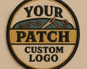 May include: Embroidered patch with the words "YOUR PATCH CUSTOM LOGO" in black. The patch has a cream-colored background with a teal and orange design featuring a needle and thread. The border is black and gold.