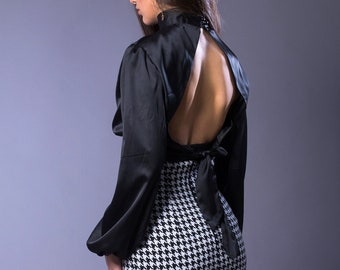 Satin Silk Black Elegant Shirt, Sexy Open Back Crop Top, Long Puff Sleeves, Bow Waist Tie Party Blouse, Bare Back Shirt,  Formal Plus Sizes