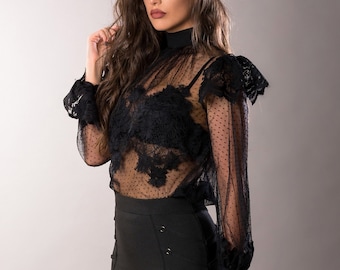 トップス vintage Black sheer top antique lace Antique Edwardian Black Lace Top - Raleigh Vintage