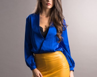 Satin Cobalt Blue Wrap Shirt/ Deep V Neck/ Formal Office Shirt/ Long Bishop Sleeves/ Custom Plus Size Clothing