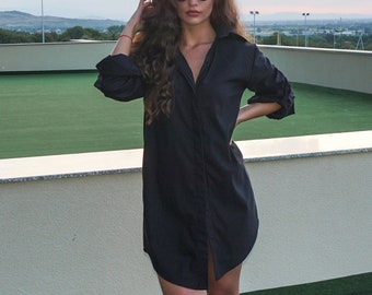 Black Oversized Shirt Dress/ Asymmetric Long Cotton Shirt/ Loose Fit Shirt/ Custom Plus Sizes