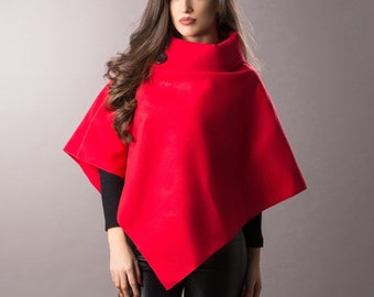 Winter Red Triangle Poncho/ Wide Collar Poncho/ Cowl Neck Elegant Outerwear/ Matching Outfits/ Custom Plus Sizes