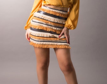 Orange Sequin High Waist Skirt/ Mustard Fringe A-line Skirt/ Elegant Sparkling Tassel Mini Skirt