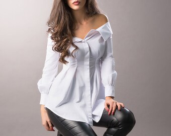 White Off the Shoulder Shirt/ Long Bishop Sleeves Shirt/ Formal Fitted Shirt/ Custom Plus Sizes