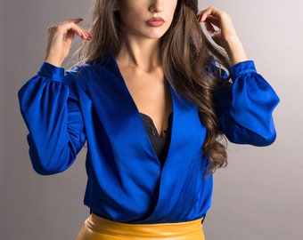 Satin Wrap Shirt/  Elegant Plunge Neck Shirt/ Custom Plus Sizes/ Formal Shirt