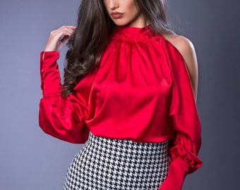 Elegant Satin Shirt/ Sexy Draped Cuff Sleeves/ Cut Out Shoulders/ Custom Plus Sizes