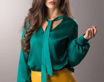 Satin Silk Emerald Green Shirt/ Necktie Office Blouse/ Custom Plus Size/ Long Bishop Cuff Sleeves