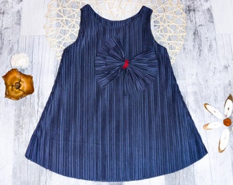 Summer Baby Blue Pleated Shift Dress/ Big Bow Girls Dress/ Formal Kids Sleeveless Dress/ Matching Outfits