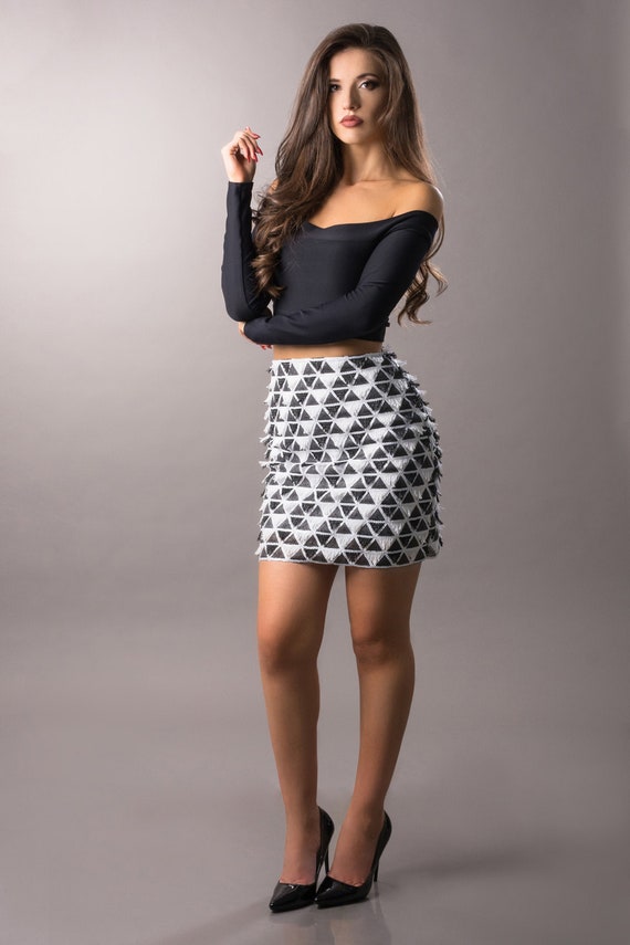 High Waist Sequin Skirt Fringe A line Aztec Print Party Tassel Skirt Black White Plus Sizes Etsy