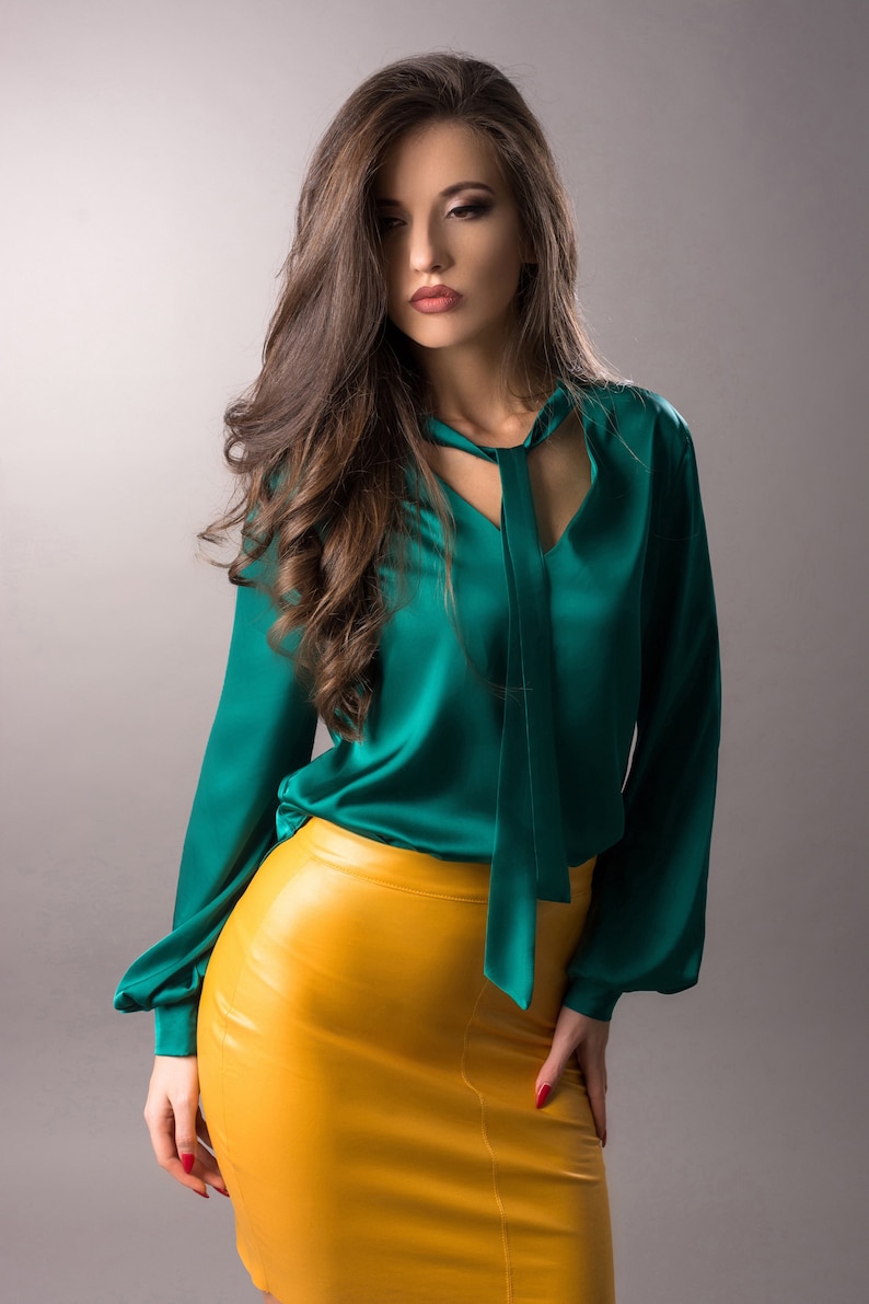 Satin Silk Emerald Green Shirt Necktie Office Blouse Custom Etsy