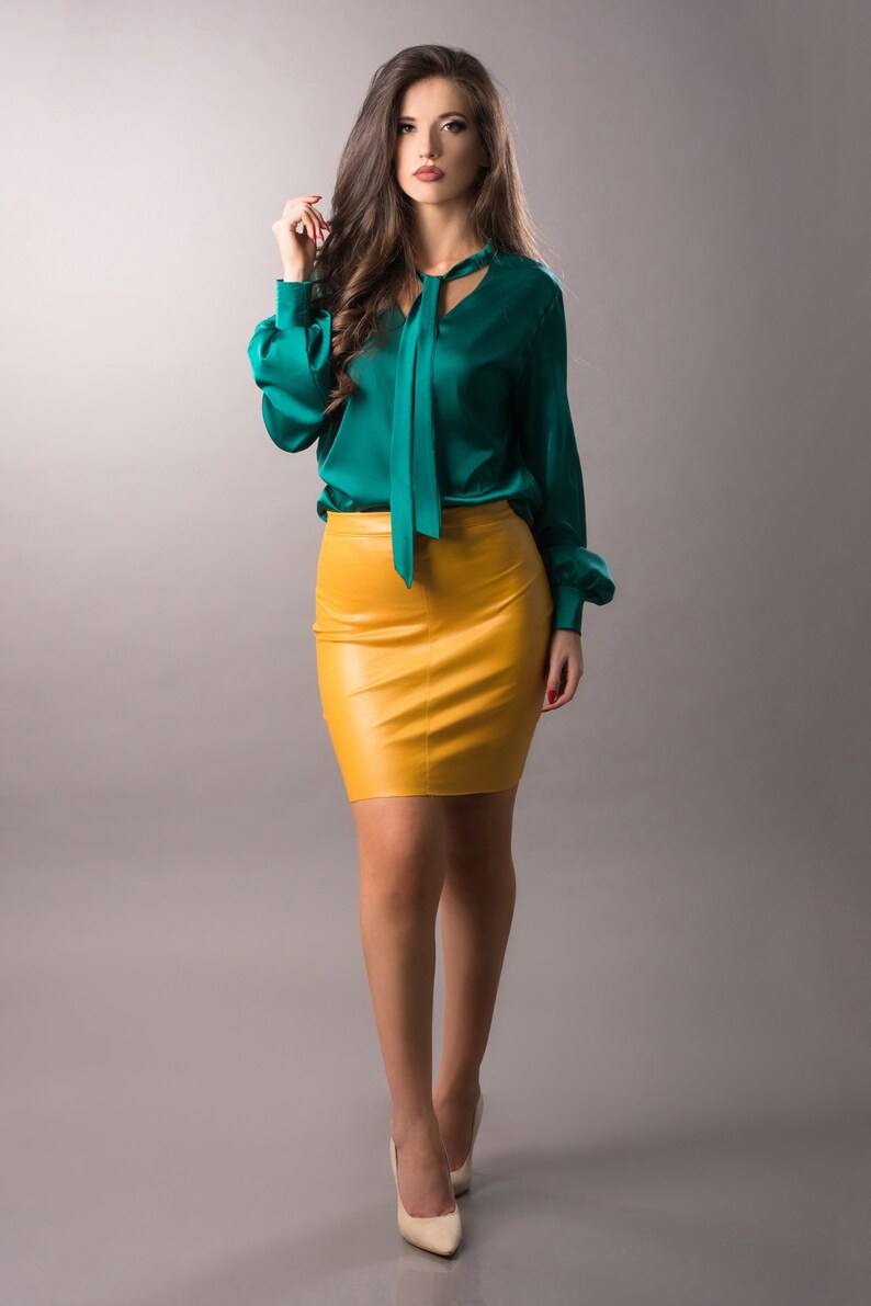 Sateen Silk Emerald Green Shirt Necktie Office Blouse VNeck Etsy