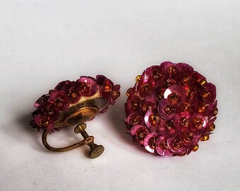 Vintage Deco Screw Back Sequin and Seed Bead Raspberry Pink Earrings