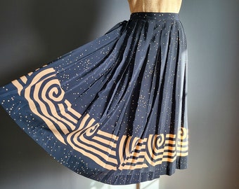 80s Midnight Black and Beige Full Pleated Skirt by Oleg Cassini