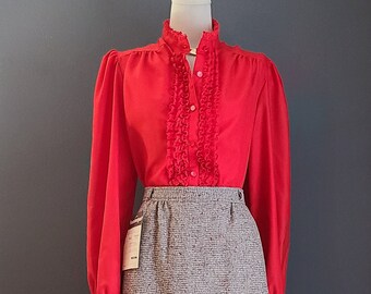 red ruffle front blouse