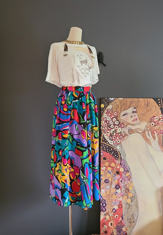 80's Flora Kung Silk Midi Skirt