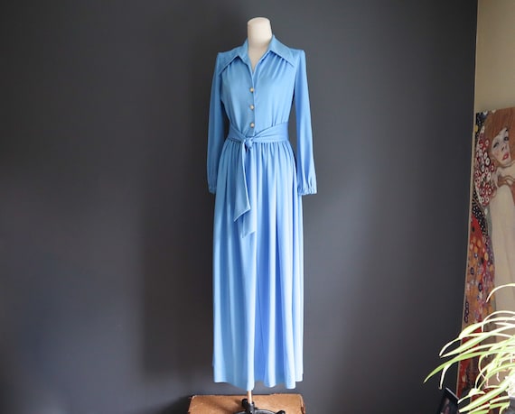 70s Cornflower Blue Flowing Maxi Hostess Dress - image 1