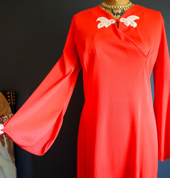 70s Vermillion Night Gown House Dress - image 4