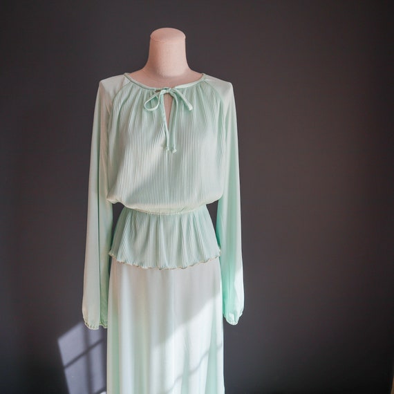 70s Sheer Seafoam Micro Pleat Secretary Dress - image 5