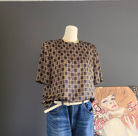 80's Sasson Shimmering Check Silky Polyester Top