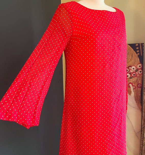 60s Mod Red Silk Polka Dot Overlay Shift Dress by… - image 2