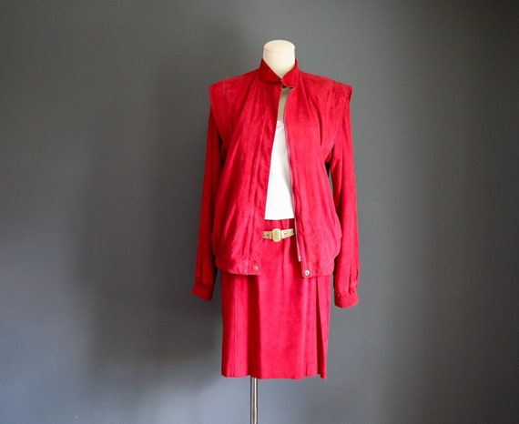 80s Red Suede Jacket and Skirt by Peter Caruso - image 1