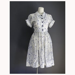 40&#39;s/50&#39;s Sheer Blue and White Cuff Sleeve Shirtdress