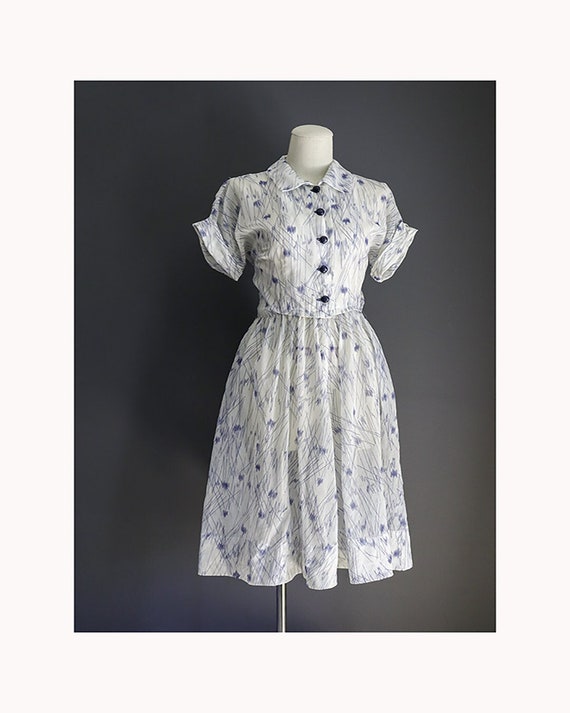 40's/50's Sheer Blue and White Cuff Sleeve Shirtd… - image 1