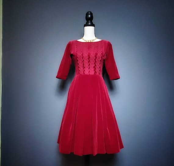 50s Red Fit & Flare Party Dress - image 1