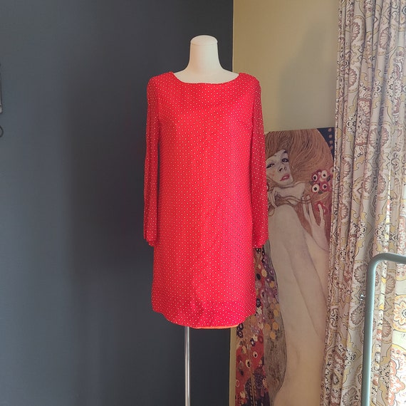 60s Mod Red Silk Polka Dot Overlay Shift Dress by… - image 1