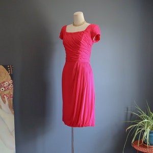 1950s Cerise Pink Silk Pleated Bodice Bubble Dress