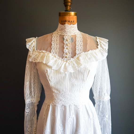 70s Prairie Style Ivory Lace Wedding Dress - image 1