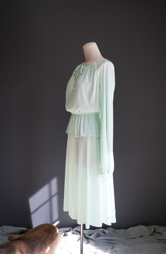 70s Sheer Seafoam Micro Pleat Secretary Dress - image 3