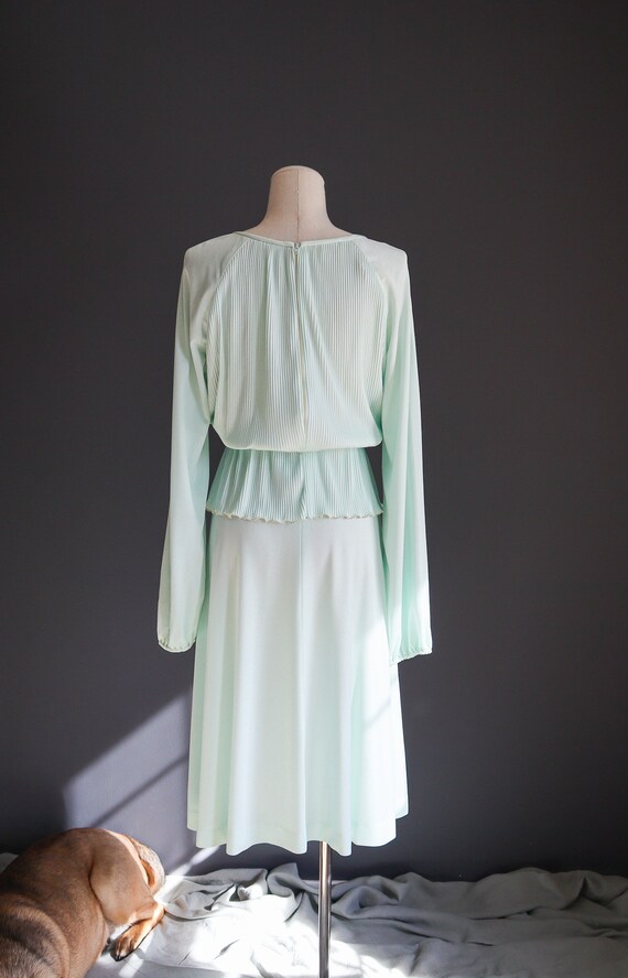 70s Sheer Seafoam Micro Pleat Secretary Dress - image 2